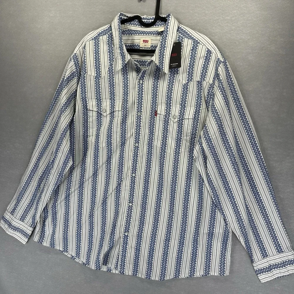 Levis Western Standard Fit Long Sleeve Pearl Snap Shirt Wave Print Blue XXL NEW